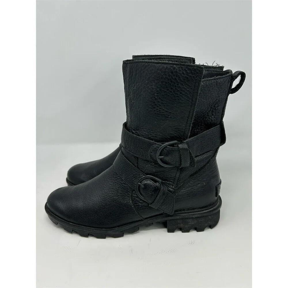 SOREL Phoenix Moto Women's Boots Black Mid-Calf Double Buckle Lug Sole Size 9